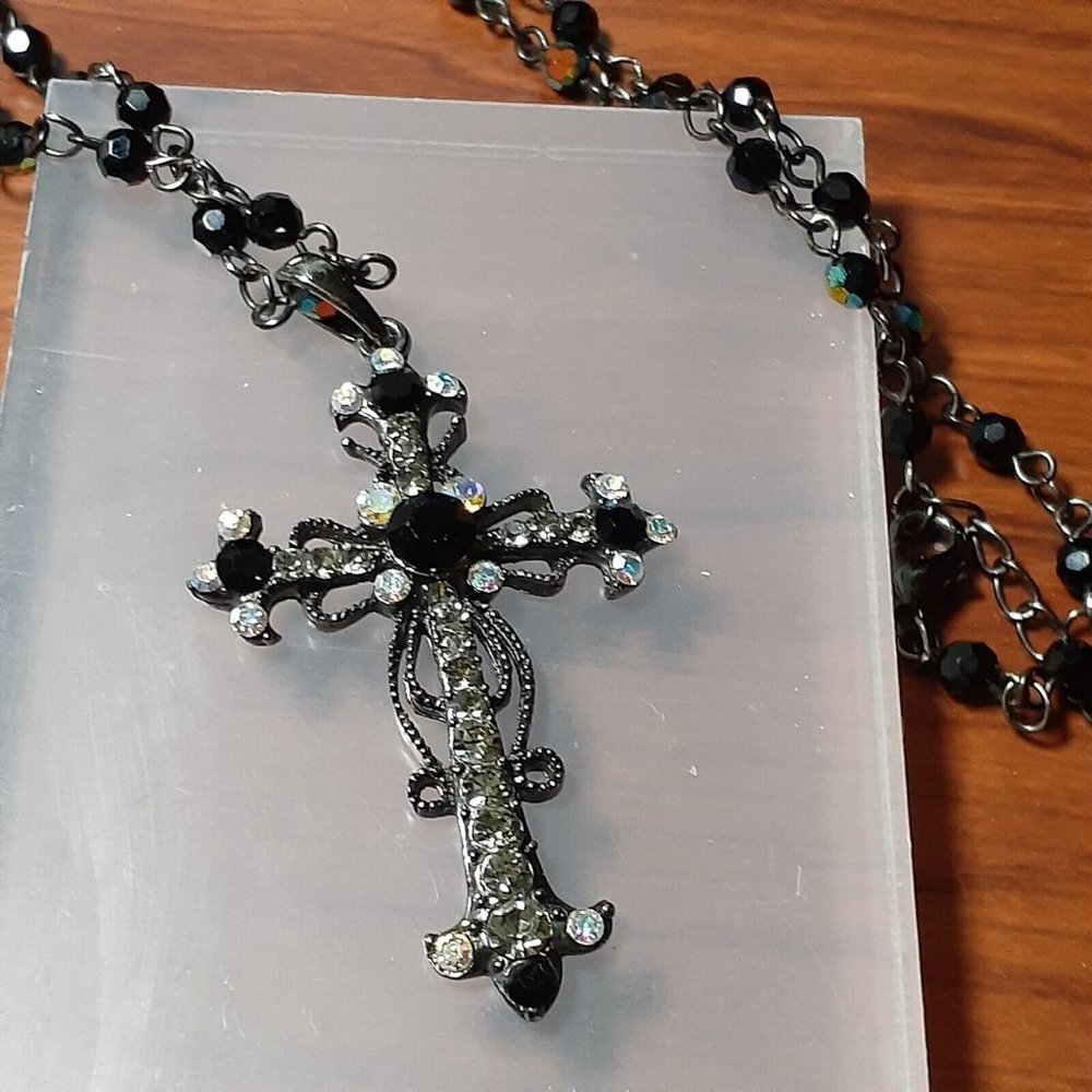Rosary Style Necklace Black Aurora Borealis Rhinestone Glass Prayer Beads 18"